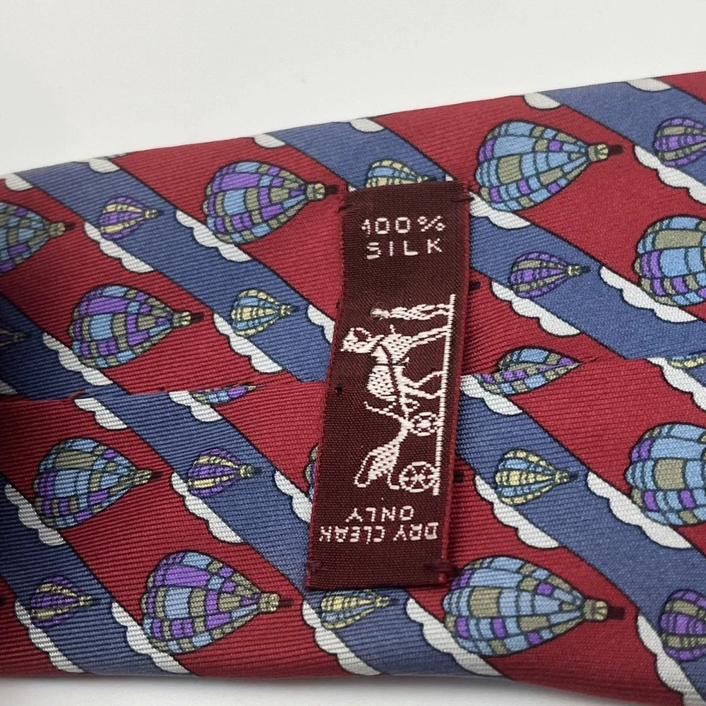 Hermes 100% Silk Mens Tie Made in France Hot Airballoon Geometric Pattern
